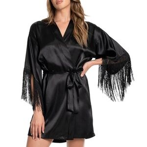 Fringed Satin Black Robe in XL
